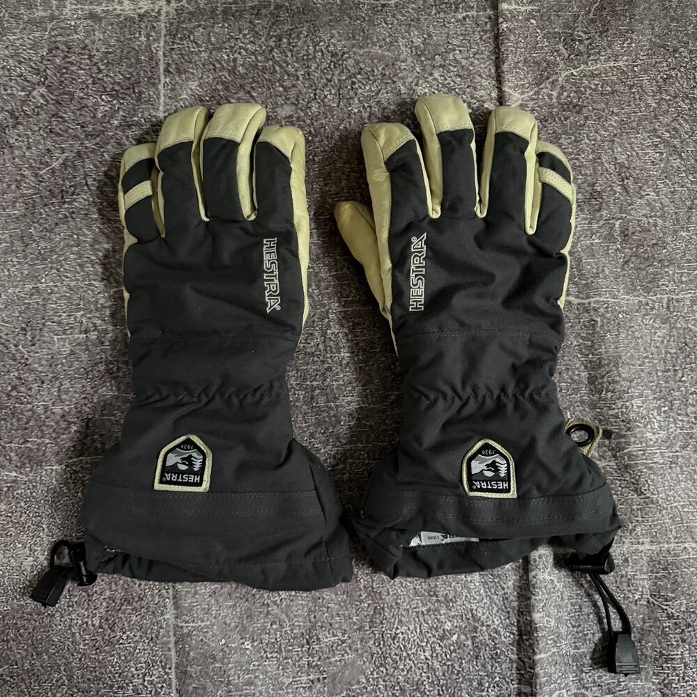 Men's Hestra Army Goat Leather Heli Ski Gray 5 Finger Lined Winter Gloves Sz 9